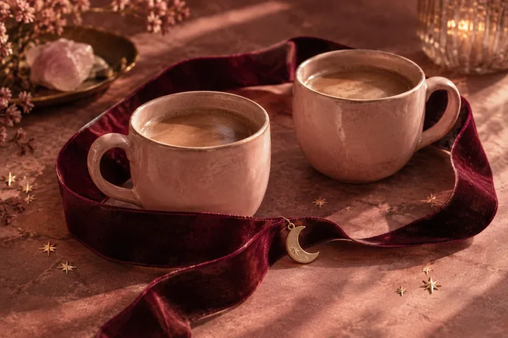 Two ceramic cups of coffee sit beside a burgundy ribbon with a crescent moon charm and scattered star ornaments.