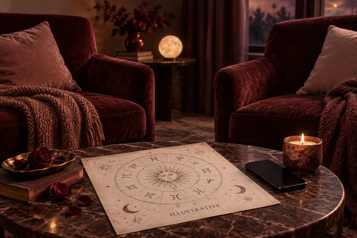 Two burgundy armchairs face an illustrative zodiac chart beside a dark phone and lit candle