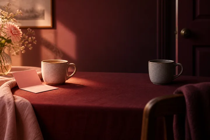 Two coffee cups sit apart on a burgundy table with a blank note between them