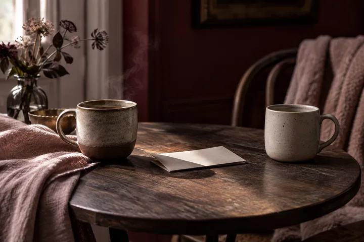 Two cups and a sealed envelope rest on a round wooden table between two chairs