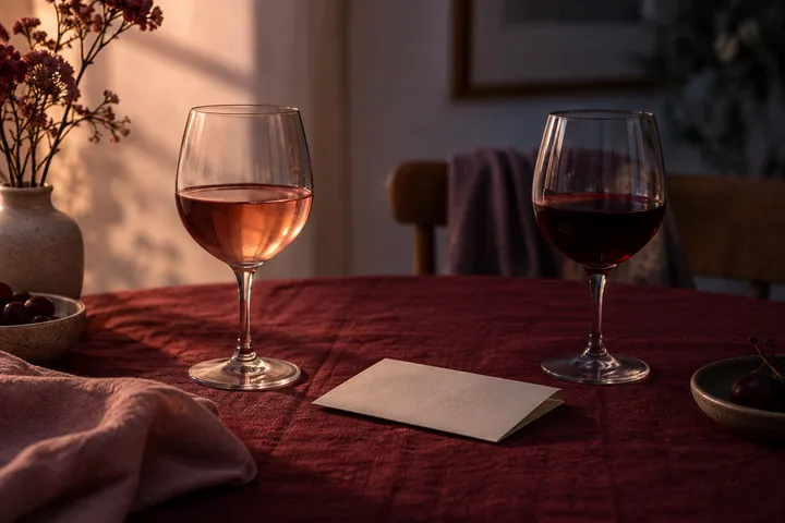 Two wine glasses and a closed envelope sit across a warmly lit burgundy table