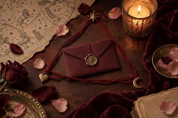 A burgundy envelope tied with red cord lies among rose petals, a lit candle, and an illustrated star chart.