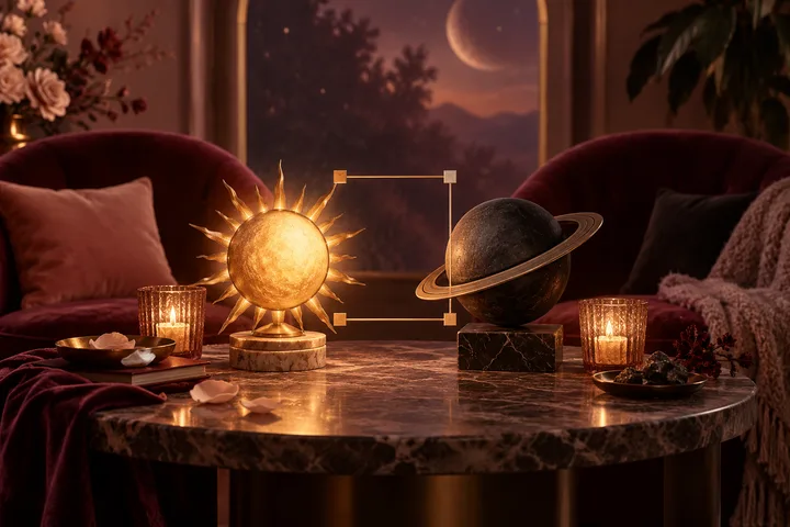 A glowing sun sculpture and a dark ringed sphere sit on a marble table, separated by a square frame. Candles, burgundy chairs, and a crescent moon in the window complete the scene.