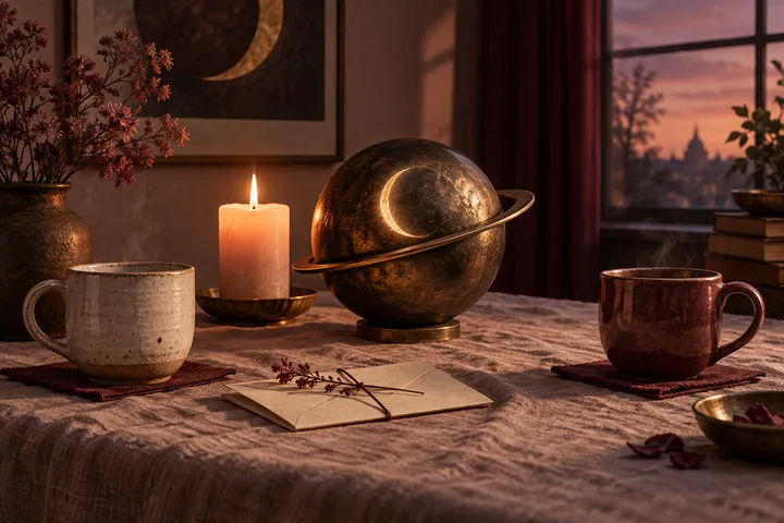 A warm burgundy and blush still life with two separate cups, a candle, a folded letter, and a bronze Moon–Saturn sphere symbolizing compassionate support with room for boundaries.