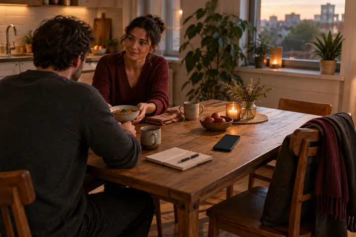 A couple shares a quiet kitchen-table meal while an open phone, food, and an empty third chair suggest practical care and a wider support network.