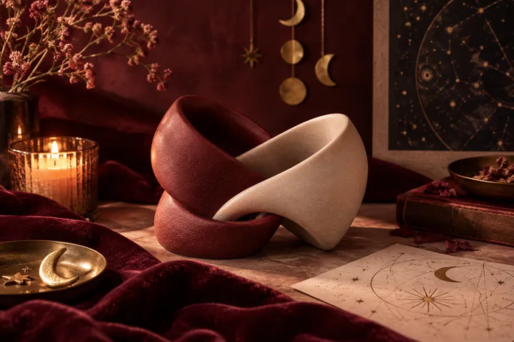 Two interlocking sculptural loops, one burgundy and one cream, sit among candles, dried flowers, hanging moon shapes, and star-chart decorations.