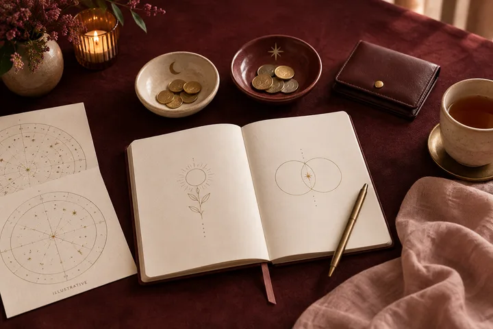 Burgundy and blush still life with two coin bowls, a wallet, an open notebook, and illustrative astrology charts suggesting personal resources, shared resources, and trust.