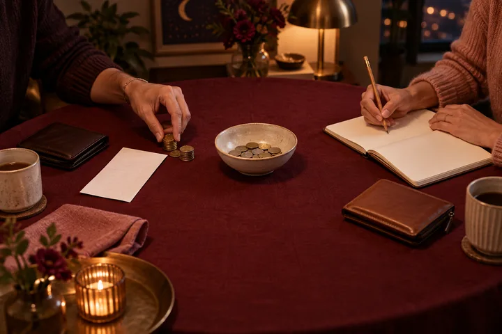 Two people calmly discussing shared costs at a burgundy table, with separate wallets, coins, a blank receipt, and an open notebook showing fair boundaries.