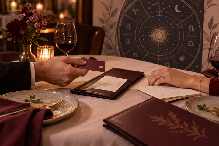 Two dating partners calmly deciding how to handle a restaurant bill, with a decorative illustrative astrology chart behind them.