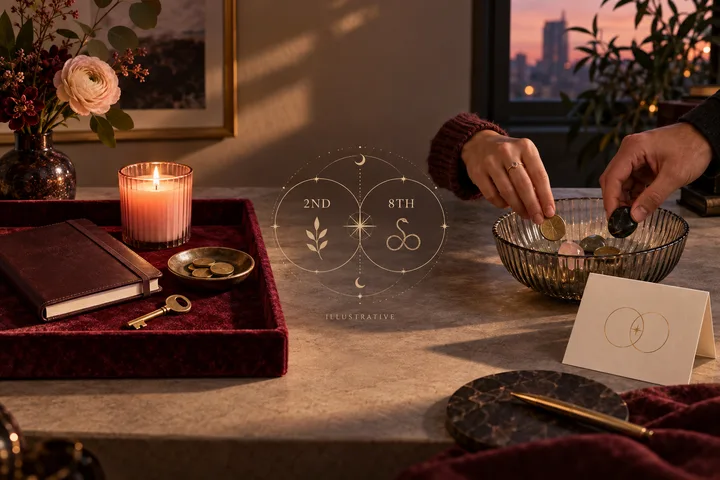 A private tray of personal valuables beside two hands adding separate tokens to a shared bowl, labeled with an illustrative 2ND and 8TH astrology diagram.