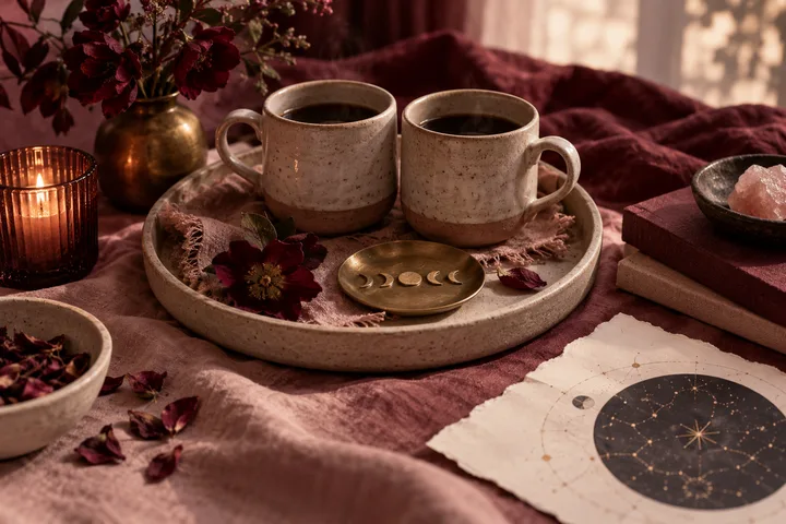 Two mugs sit on a tray beside a candle, dark flowers, a dish of pink stones, and a circular star chart.