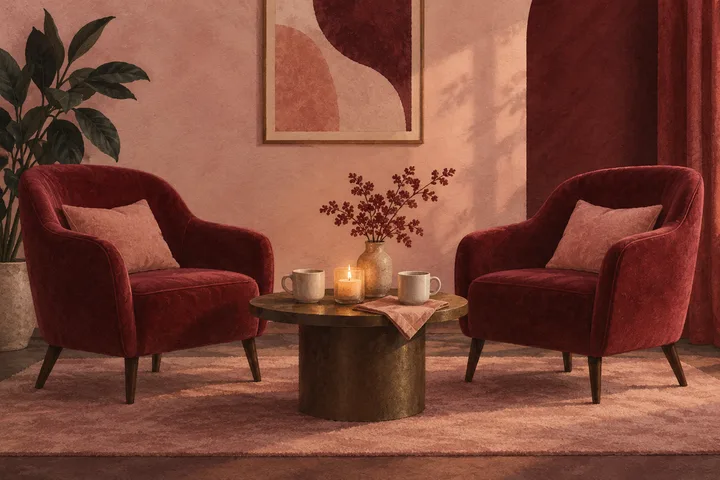 Two burgundy armchairs face each other across a small table with two mugs, a lit candle, and a vase.