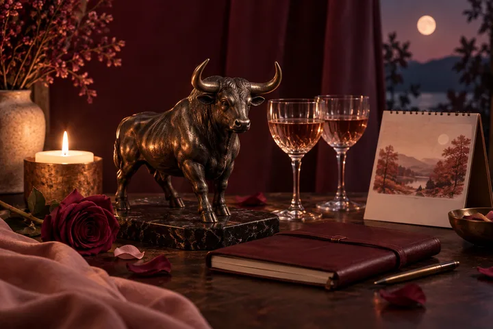 A Taurus bull sculpture beside two wine glasses, a candle, a rose, and a closed journal on a burgundy tabletop under a moonlit October sky.