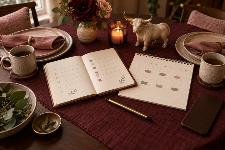 An overhead burgundy table set for two with an open notebook, abstract calendar marks, a pen, a face-down phone, candlelight, flowers, and a ceramic bull.