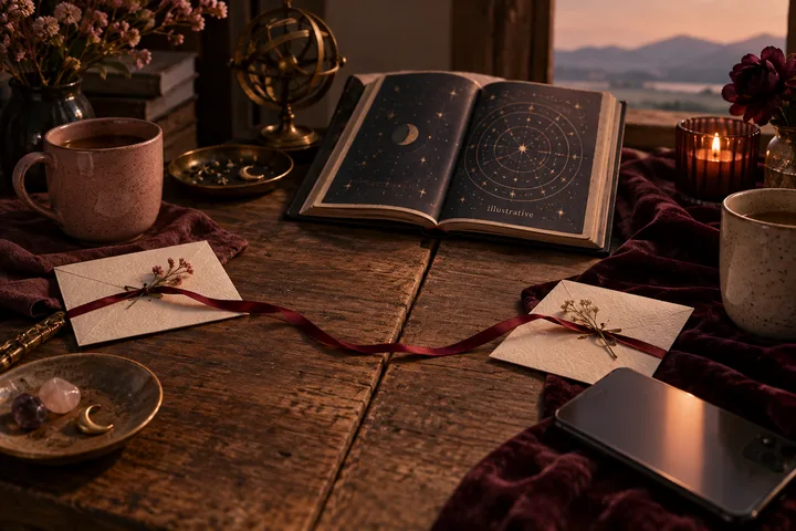 An open illustrative astrology book sits between two cups, candles, flowers, and a phone in a warm room overlooking distant mountains.