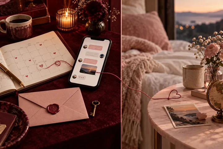 An open notebook, phone, and marked travel calendar show affection becoming a scheduled visit.