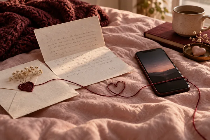 A handwritten letter, phone, flowers, and a red thread shaped like a heart rest on a blush bedspread.
