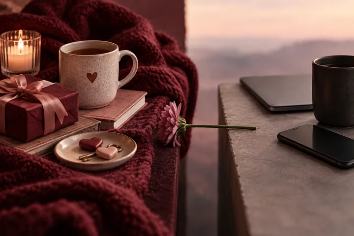 Two cups and two phones sit on opposite sides of a table, separated by a single flower and the open space between them.
