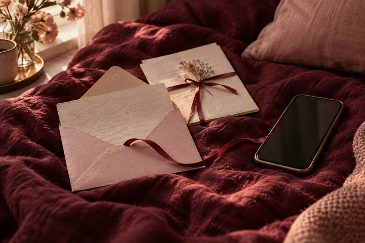 Sealed letters and a dark phone lie across a burgundy bedspread, suggesting affection carried through messages and distance.