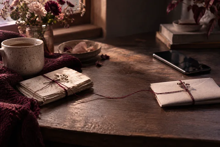 Two wrapped letters sit far apart on a wooden table, joined by a thin red thread beside a phone and flowers.
