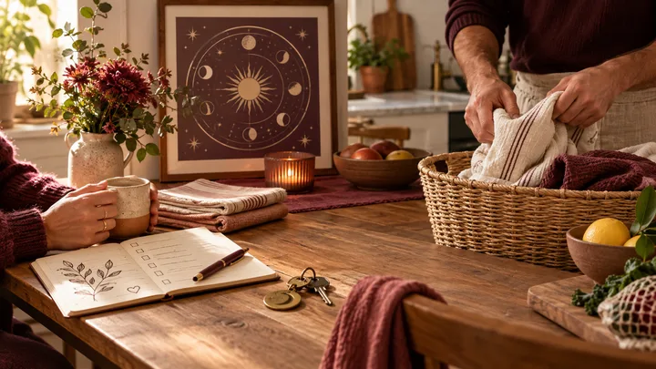 Warm editorial kitchen still life showing a man folding linen beside a household checklist, keys, groceries, and an illustrative astrology chart.