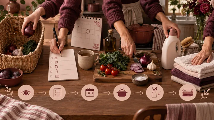 Editorial kitchen still life showing groceries, a checklist, calendar, cooking, cleaning supplies, and folded towels as a complete domestic-work sequence.