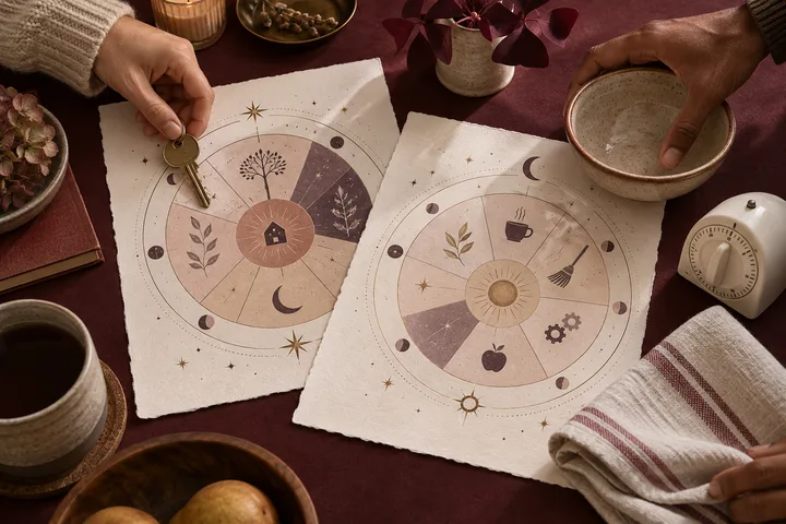 Close editorial view of two illustrative astrology charts beside a house key, ceramic bowl, folded towel, and kitchen timer on burgundy cloth.