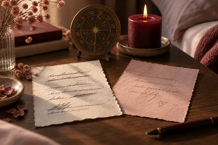 Burgundy candle, handwritten apology, and an illustrative star chart arranged on a blush tabletop, suggesting the difference between regret and responsibility.