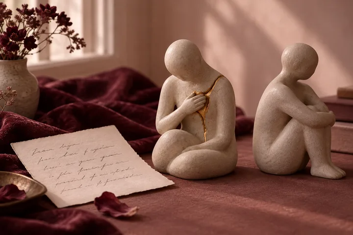 Two faceless stone figurines sit apart on burgundy fabric beside a handwritten note, with a gold crack running across one figure’s chest.