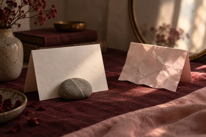 Two blank folded cards sit on burgundy fabric, one held down by a smooth stone, with a vase and mirror softly reflected behind them.