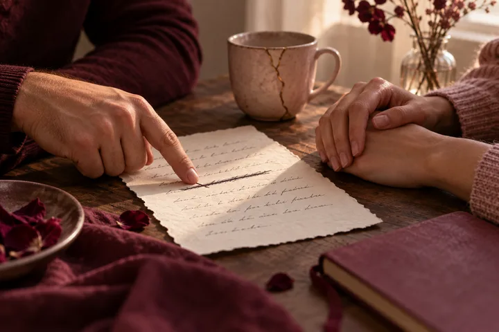 Two people’s hands frame a handwritten note beside a cracked ceramic cup on a burgundy tabletop.