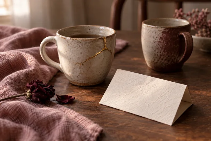 Two ceramic cups sit beside a blank folded card on a wooden table; the lighter cup carries a gold repair across its side.