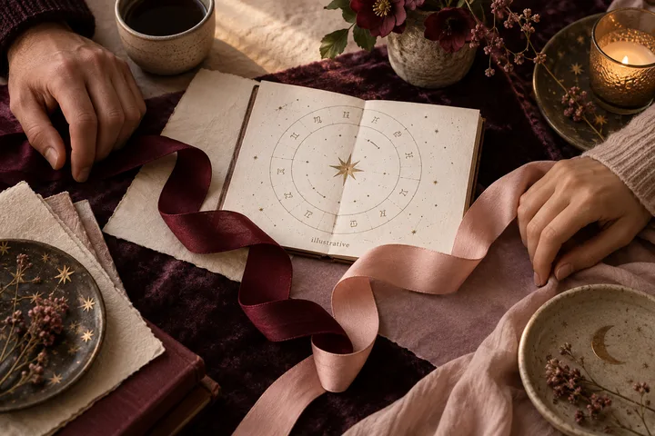 Two pairs of hands rest around an illustrative zodiac wheel, with burgundy and blush ribbons crossing the table.