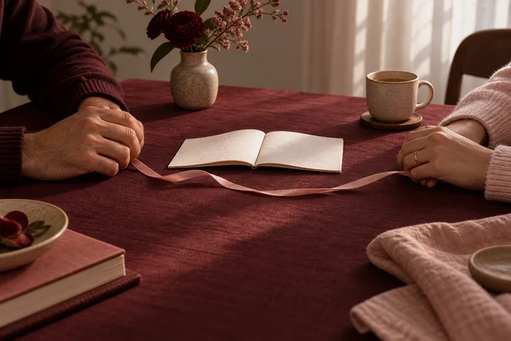 Two pairs of hands hold a ribbon across an open blank notebook on a burgundy table beside tea cups.