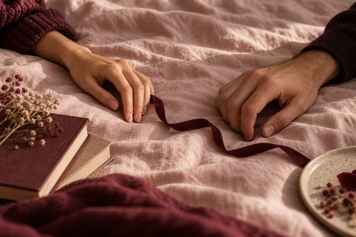 Two hands rest apart on blush bedding with a burgundy ribbon between them, beside stacked books and flowers.