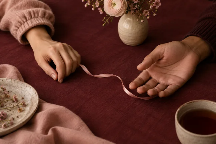One open hand reaches toward a burgundy ribbon held by another hand across a table set with flowers and tea.