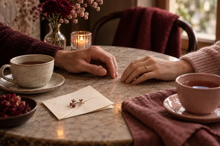 Two people reach toward each other across a table with tea, flowers, a candle, and a sealed envelope.