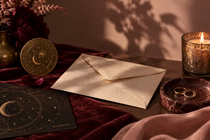 A cream envelope lies on burgundy fabric beside a brass zodiac disk, a candle, two rings, pink flowers, and a star chart marked ‘ILLUSTRATIVE.’