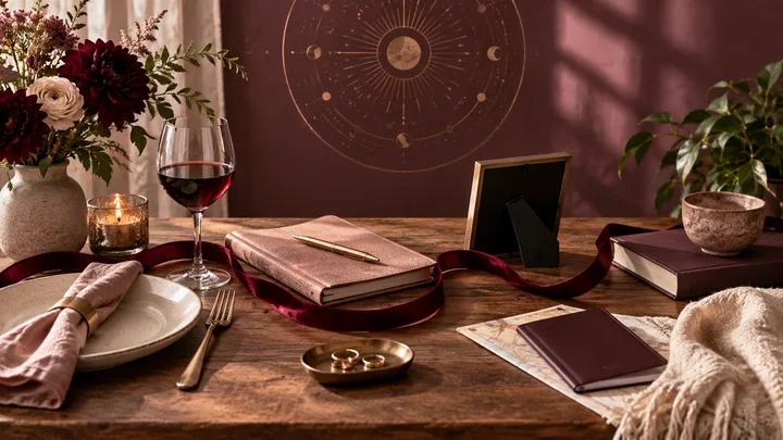 Burgundy ribbon sharing a warm tabletop with separate symbols of friendship, work, family, rest, ambition, and an abstract illustrative celestial circle.