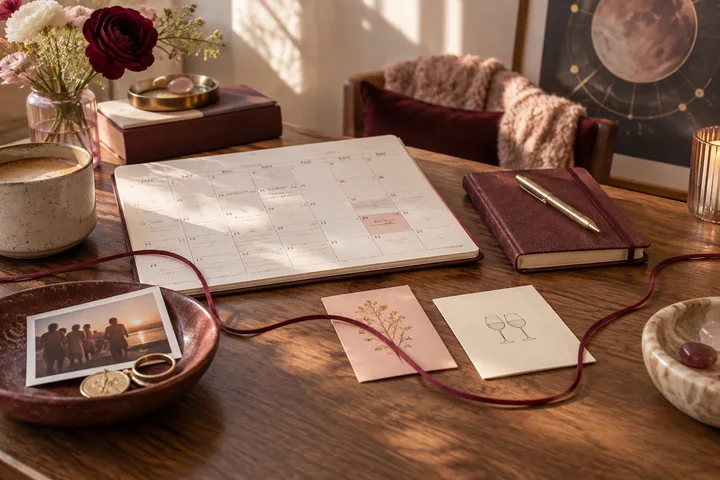A warm editorial table with an unreadable calendar, friend photograph, separate date card, notebook, and loose burgundy ribbon showing outside commitments remain visible.