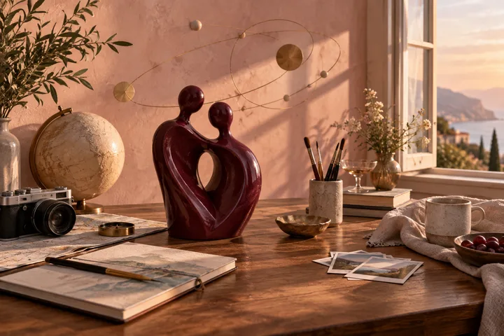 A burgundy sculptural pair sits beside freely arranged travel, creative work, friendship, and solitude objects in an airy blush room with abstract orbital lines.