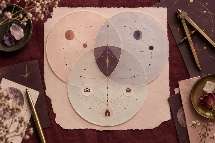 A tactile illustrative diagram of three translucent overlapping circles with abstract planetary dots and icons for friendship, work, and home.