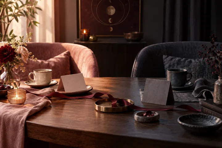 Two adjacent place settings contrast a warm open welcome with a cooler withdrawn space, linked by a loose burgundy ribbon.