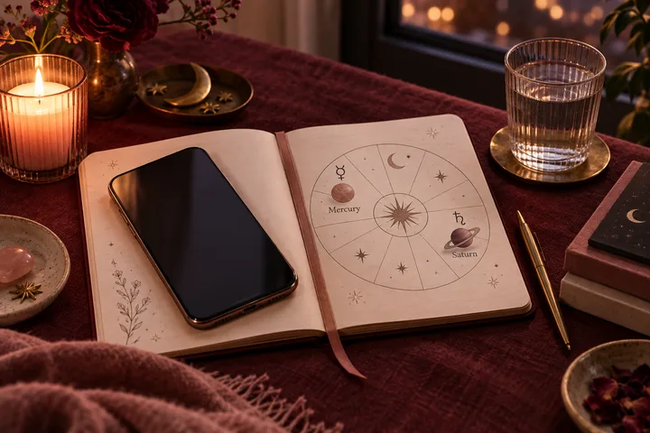 Burgundy editorial still life with a blank smartphone, an illustrative Mercury-Saturn astrology wheel, candlelight, and a notebook.
