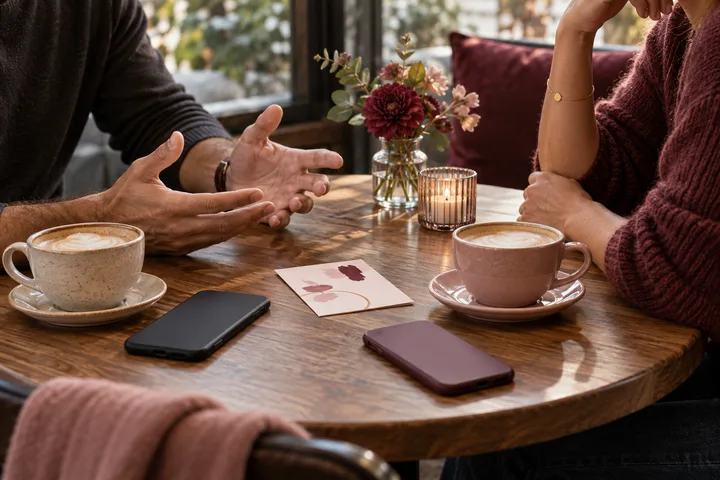 Two people having a calm texting-boundary conversation over coffee, with their phones face down on a burgundy and blush café table.