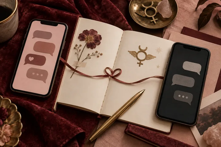 Two smartphones with contrasting abstract message bubbles connected by a burgundy ribbon across an open notebook and Mercury-inspired symbol.