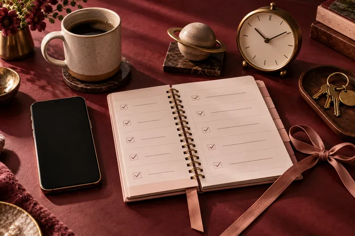 A blank smartphone beside a checked planner, analog clock, keys, and a symbolic ringed planet representing dependable follow-through.
