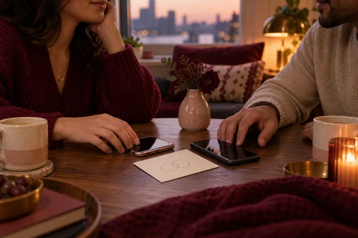 Two people place their blank smartphones side by side after a respectful conversation in a warm burgundy-and-blush room.