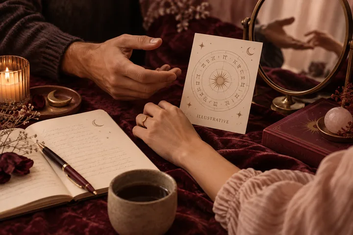 Two people study an illustrative zodiac chart beside a handwritten journal, candle, mirror, and burgundy velvet while comparing relationship patterns.