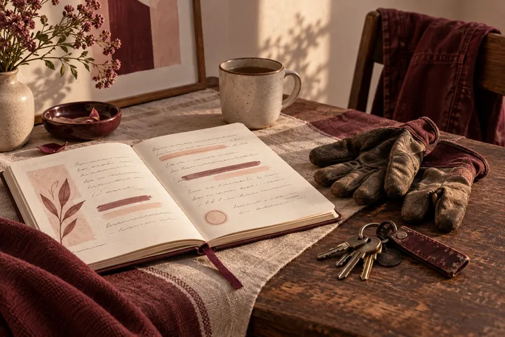 An open journal with highlighted handwritten notes rests beside worn gloves and house keys, suggesting the difference between stated intentions and daily actions.